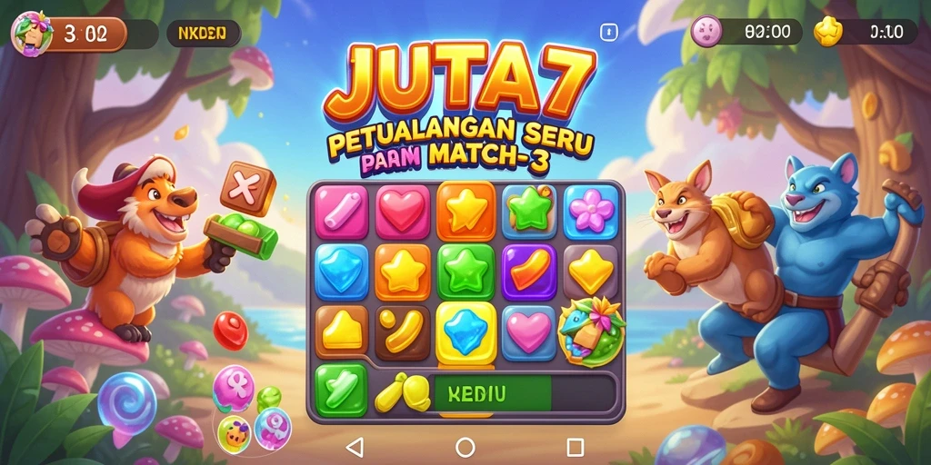 Tampilan utama gameplay JUTA7 yang menampilkan keseruan mencocokkan permata.