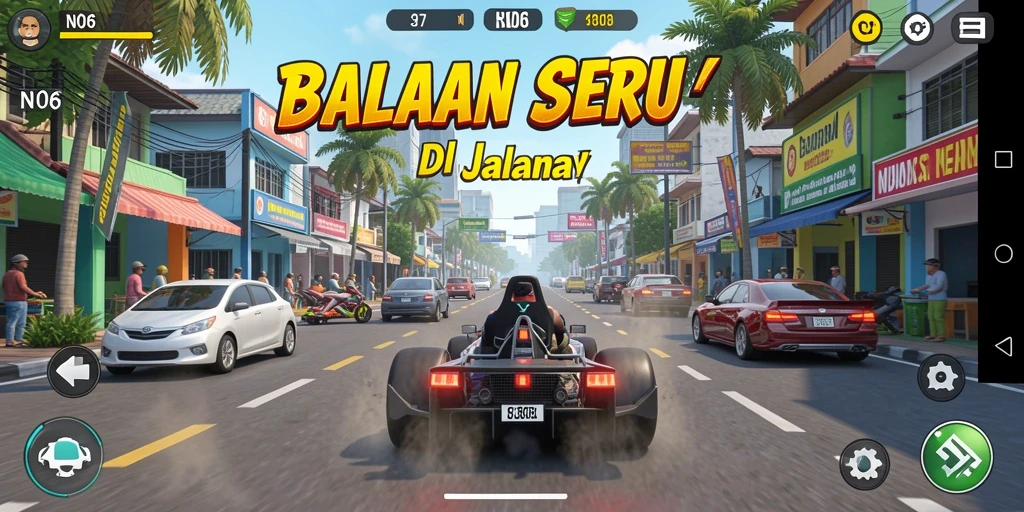 Gameplay N06 menampilkan mobil melaju kencang di trek balapan yang menantang.