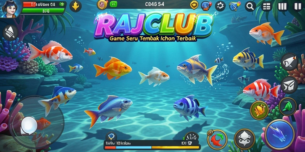 Tampilan gameplay dinamis dari RAJACLUB saat menembak ikan.