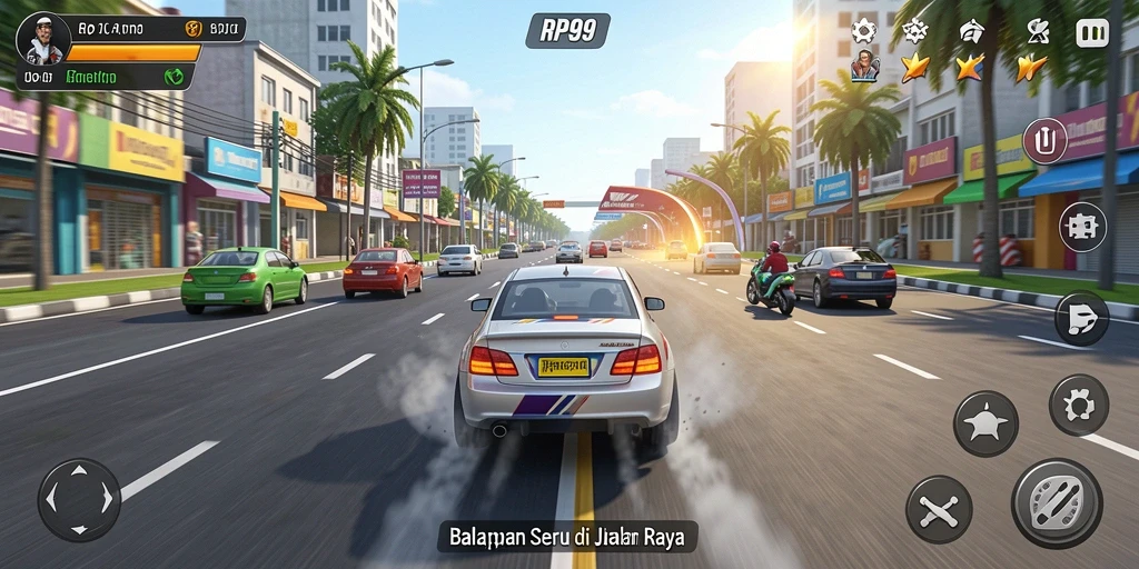 Tampilan seru gameplay RP99 saat balapan di trek menantang.