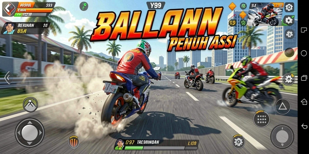Tampilan gameplay Y89 dengan balapan motor yang mendebarkan.